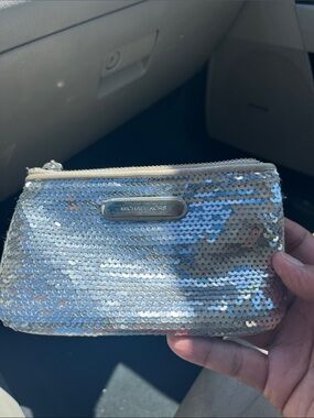 Michael Kors Iridescent Silver Sequin Cosmetic Pouch